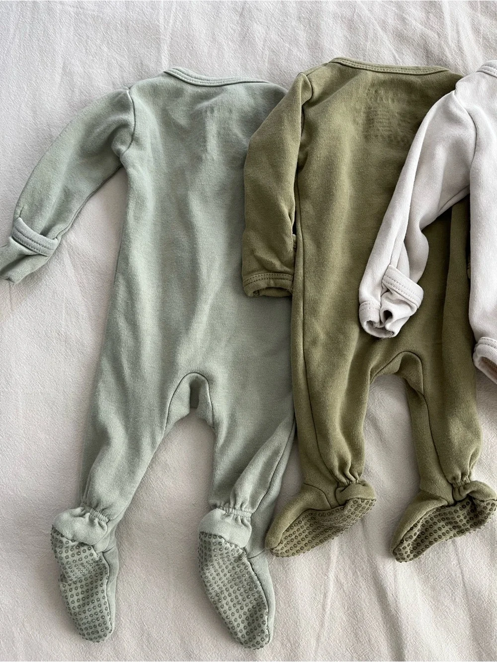 Lot of 4 L'ovedbaby Olive Green Snap-Front Footed and Short Sleeve One-Pieces